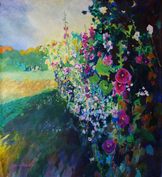 Jan van Boeckel 2026-2027 Hollyhocks in last sunlight
