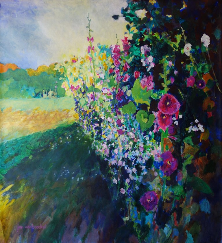 Jan van Boeckel 2026-2027 Hollyhocks in last sunlight